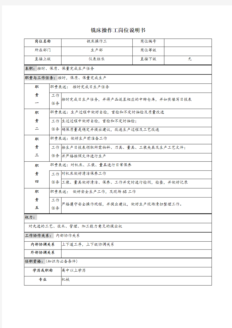 铣床操作工岗位说明书