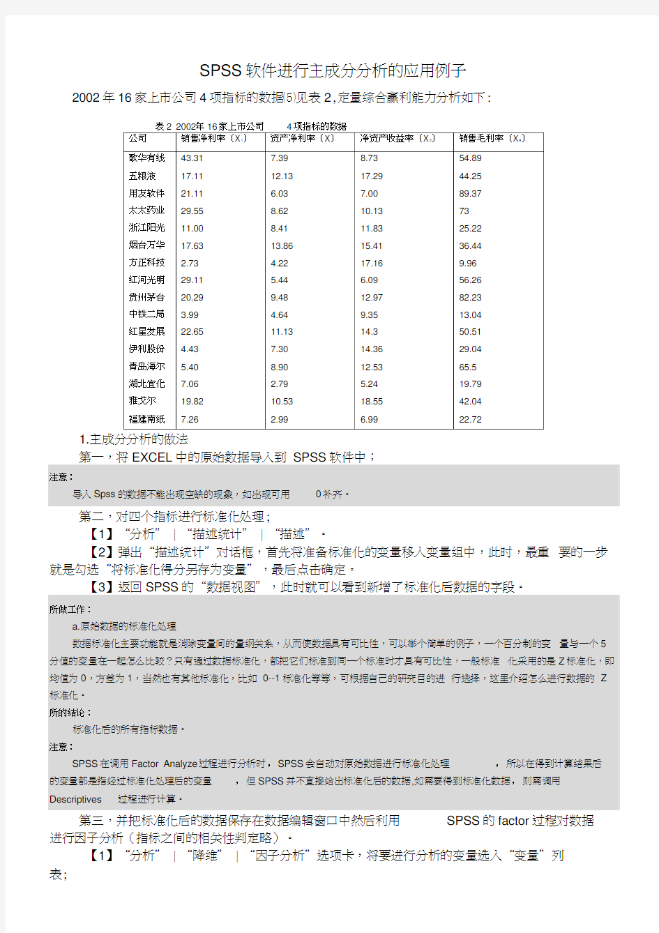 SPSS软件进行主成分分析的应用例子