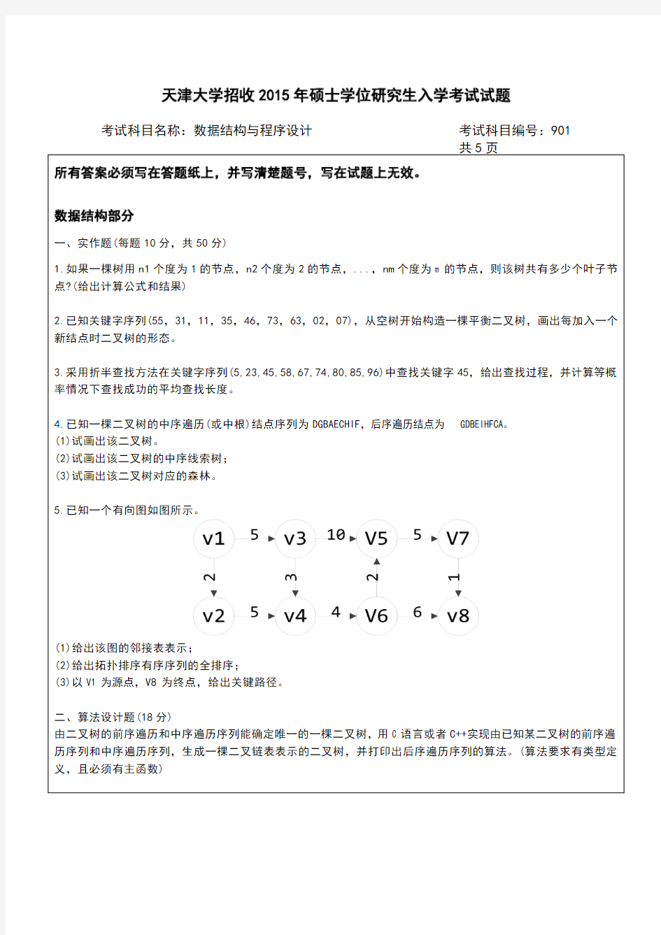 天津大学数据结构与程序设计考研真题试题2015年