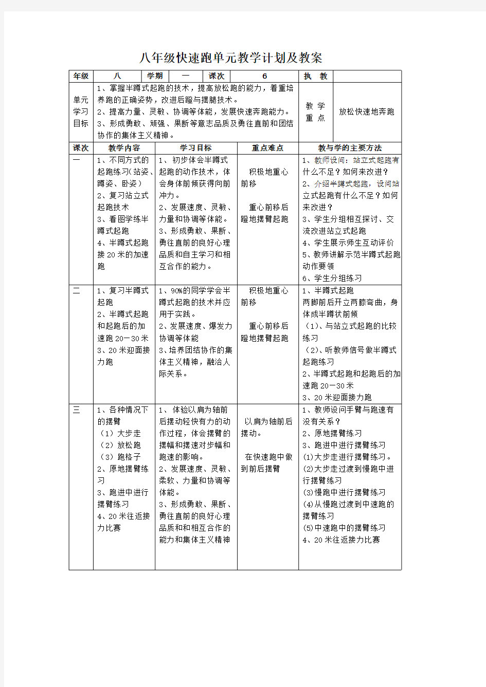 八年级快速跑单元教学计划及教案-副本