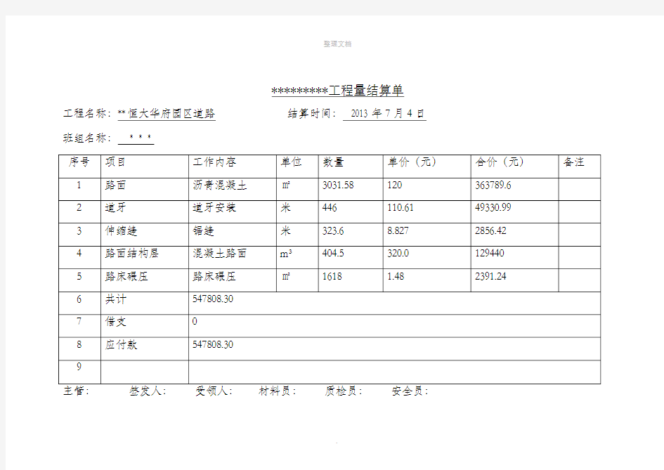 工程量结算单96651