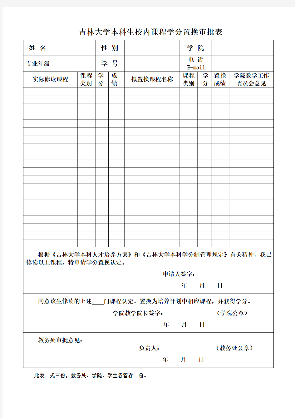 吉林大学本科生校内课程学分置换审批表