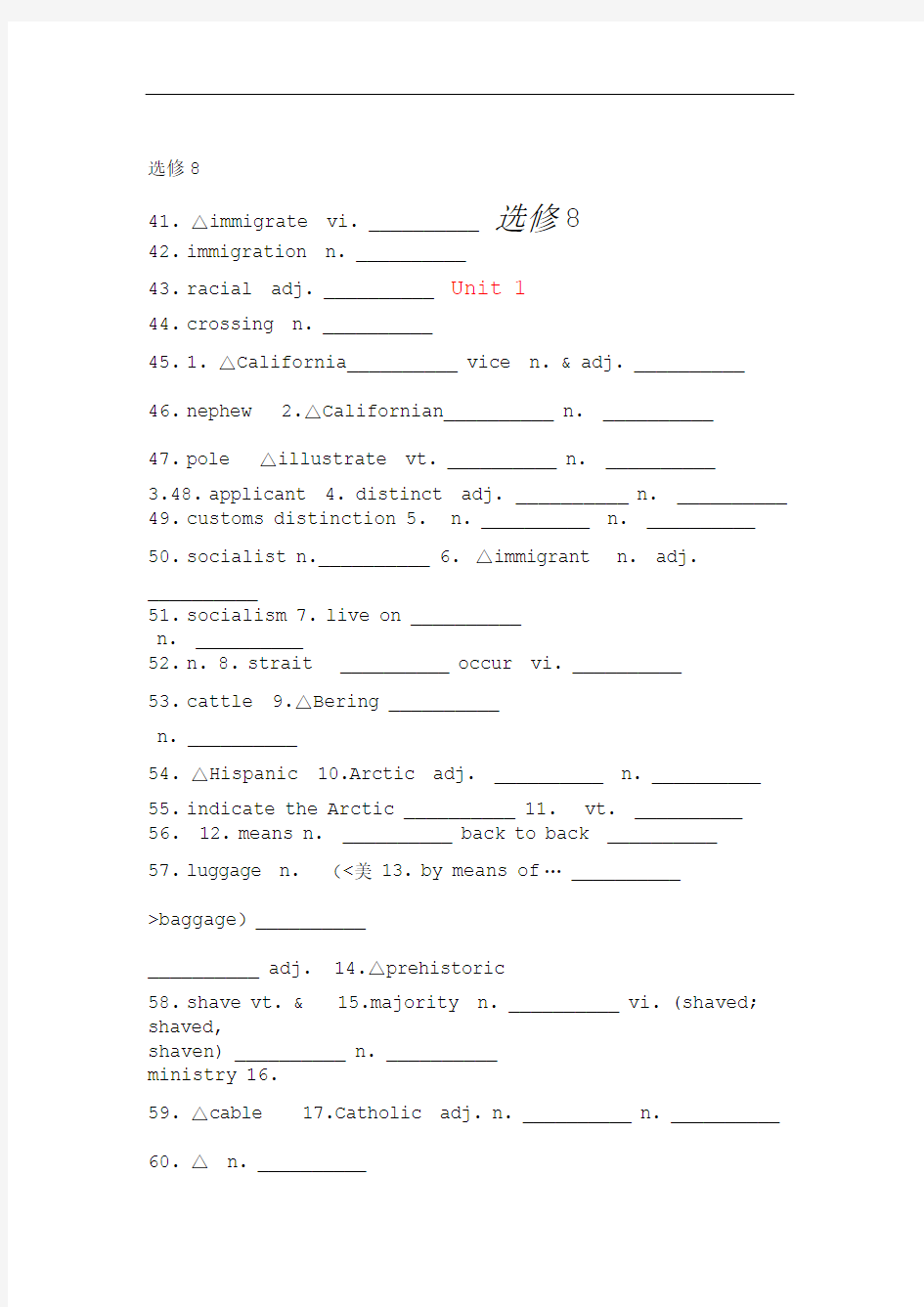 (完整版)新课标人教版高中英语选修8单词(默写用)