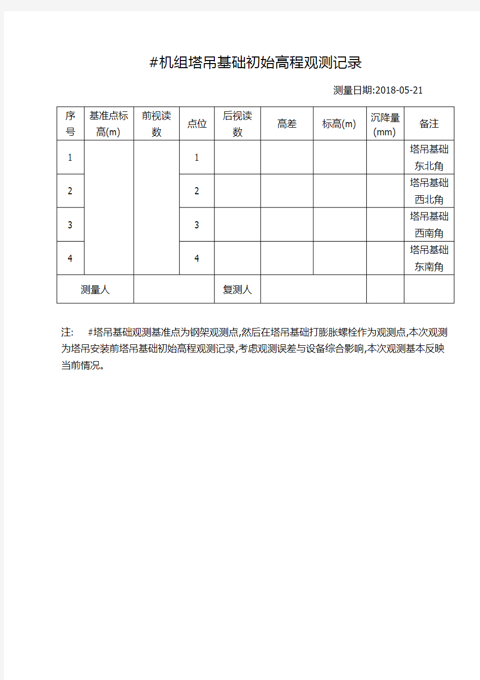 塔吊沉降观测记录2018年