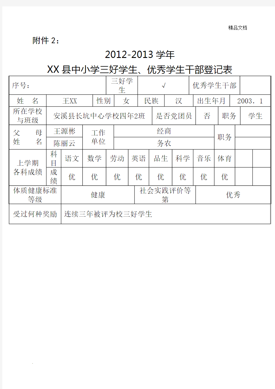 中小学三好学生、优秀学生干部登记表