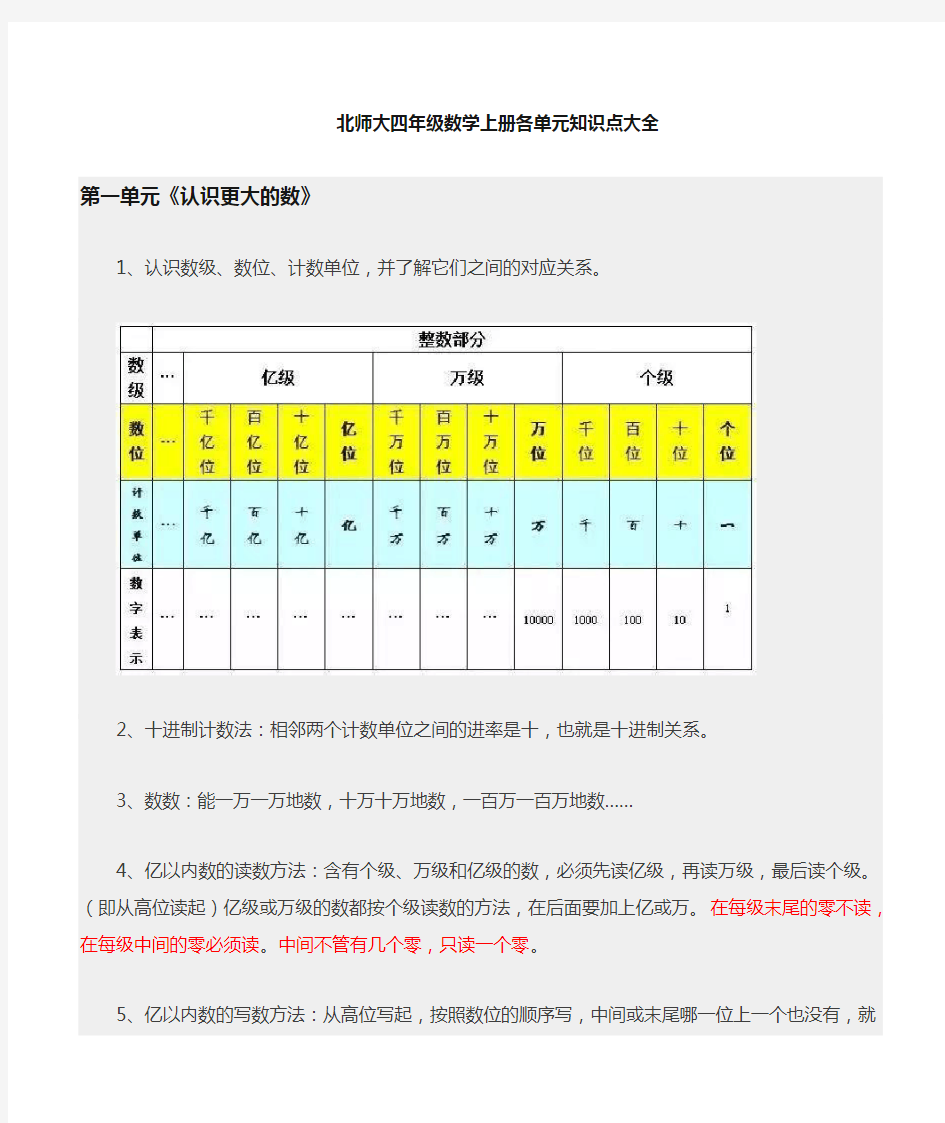 北师大四年级上册数学知识点大全