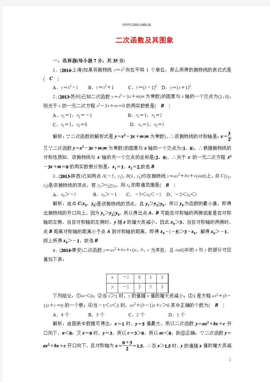 【考点+突破】【全国通用】2015届中考数学总复习+第13讲+二次函数及其图象(含答案)