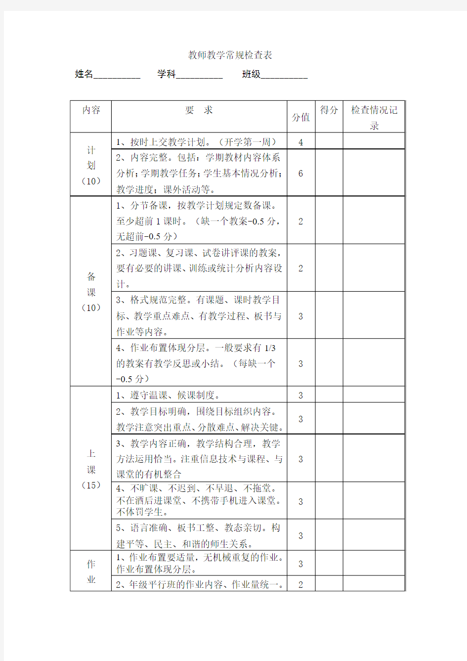 教师教学常规检查表