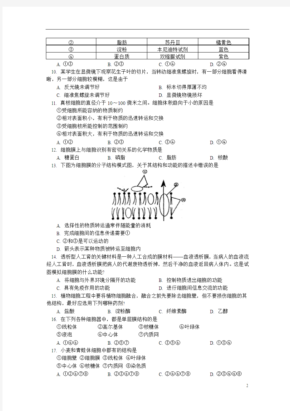 北京市师大附中10-11上学期高二生物期中考试(理)