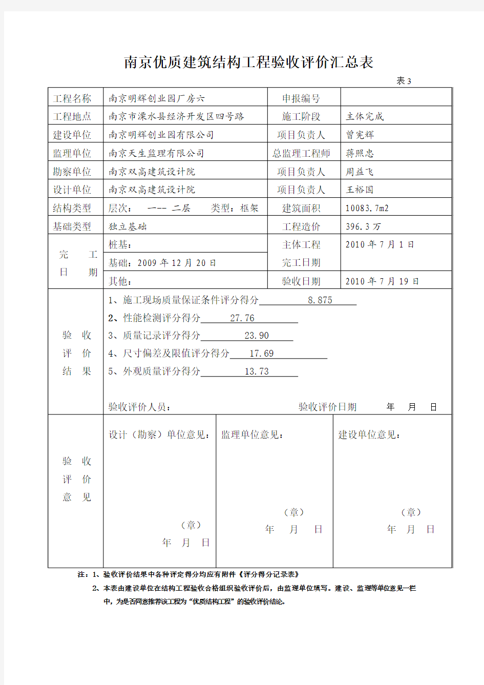 南京市优质建筑结构工程自查评定汇总表11