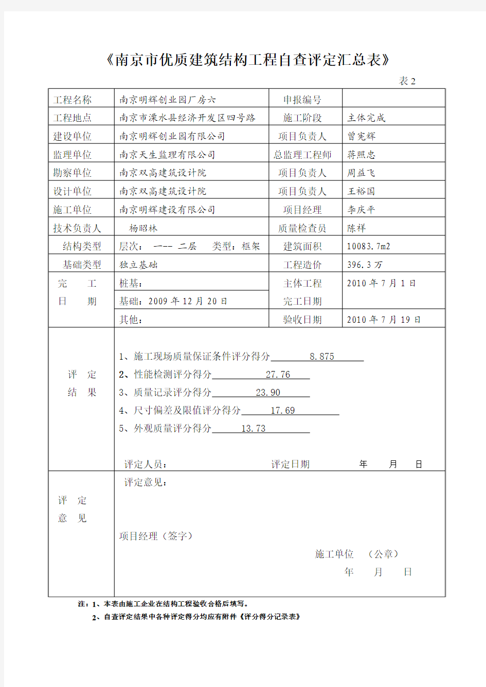 南京市优质建筑结构工程自查评定汇总表11