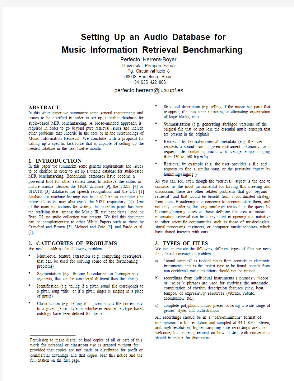 Setting Up an Audio Database for Music Information Retrieval Benchmarking