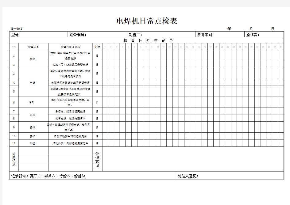 电焊机设备日常点检表