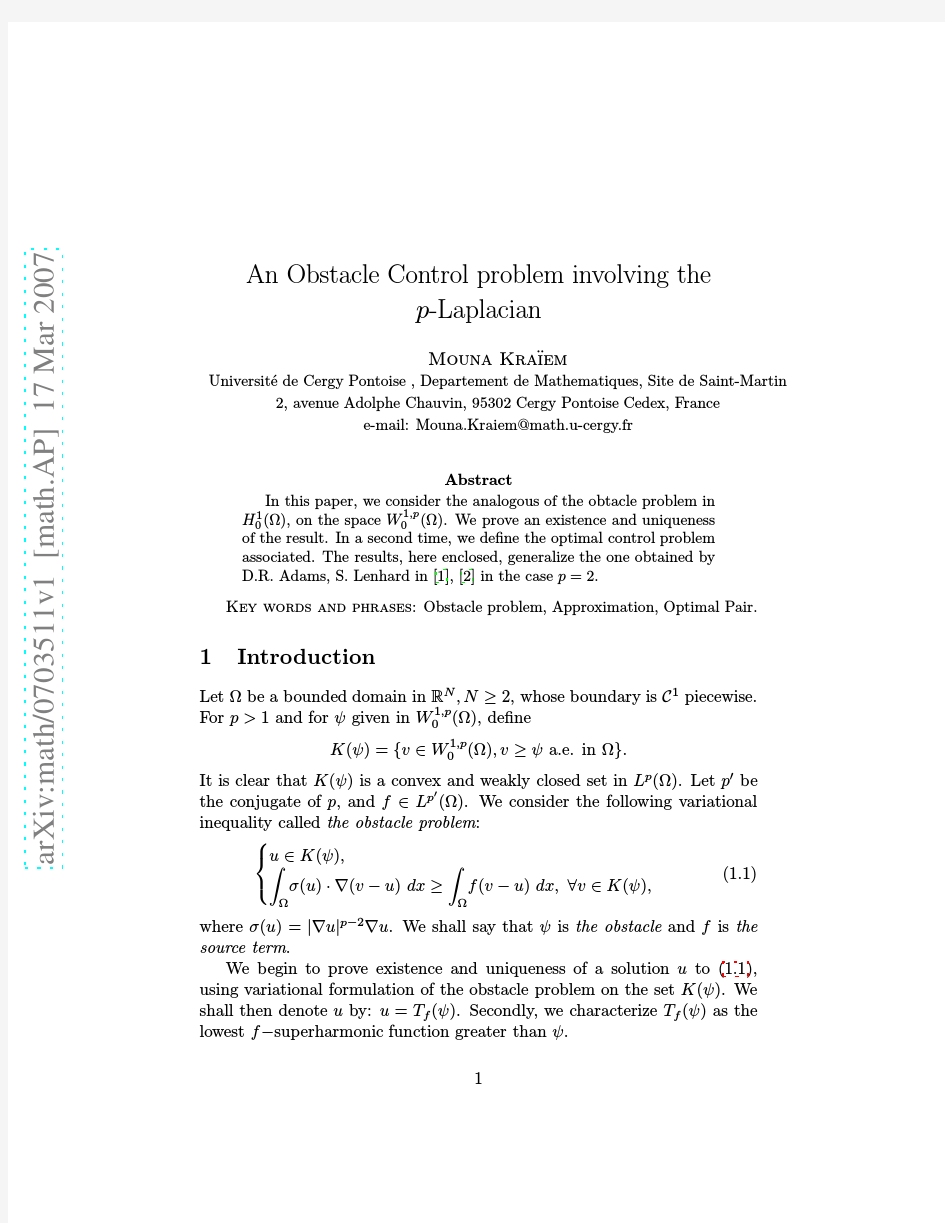 An obstacle control problem involving the p-Laplacian