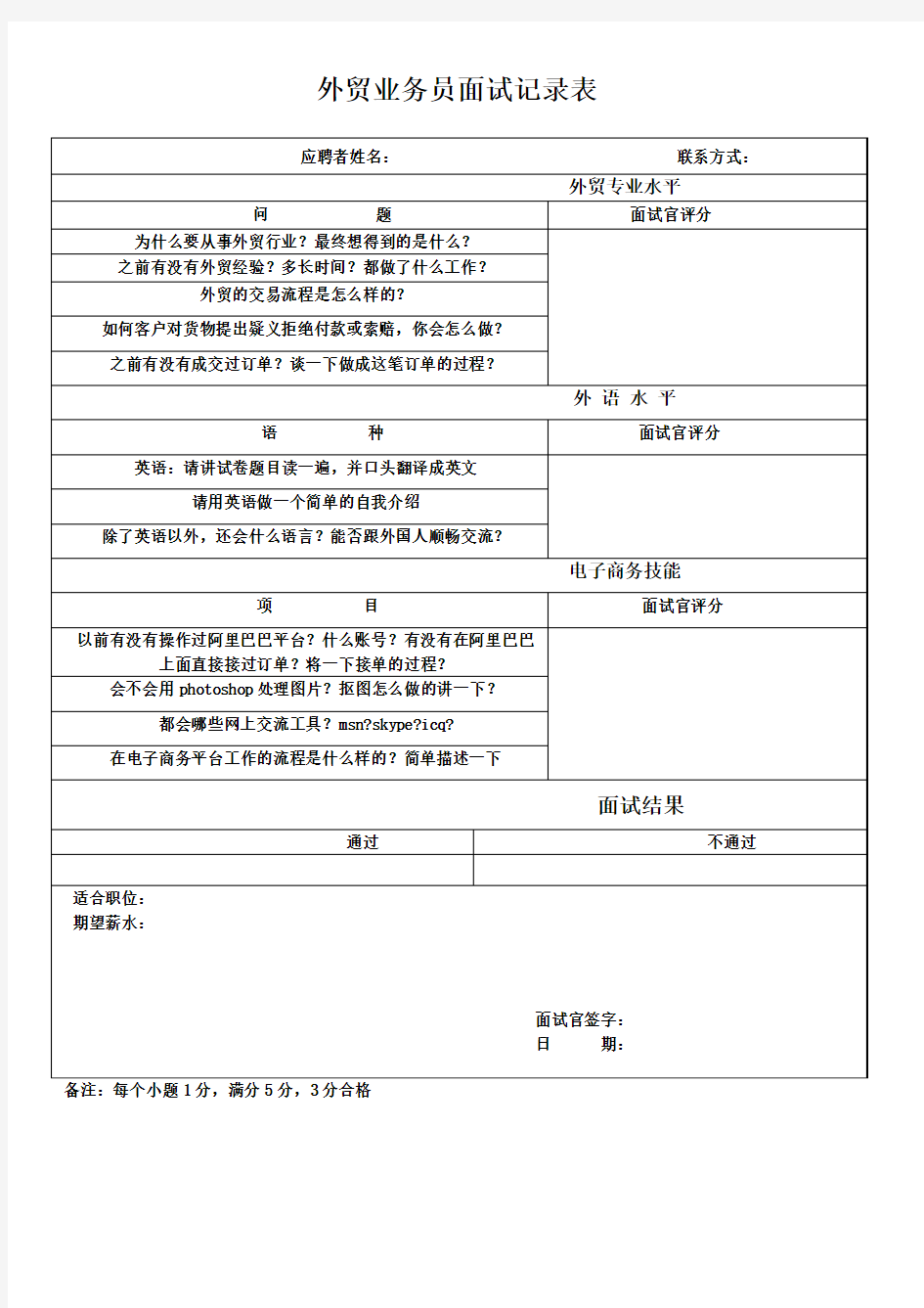 外贸业务员面试记录表格