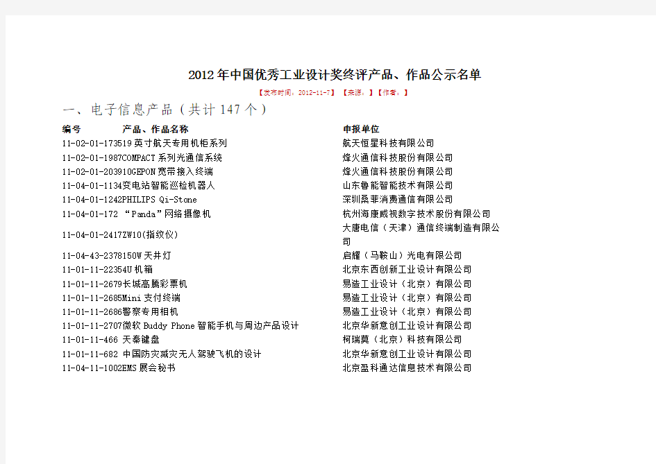 2012年中国优秀工业设计奖终评产品、作品公示名单