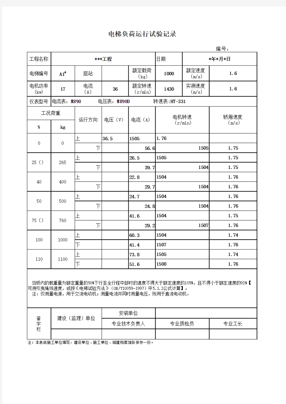 电梯负荷运行试验记录