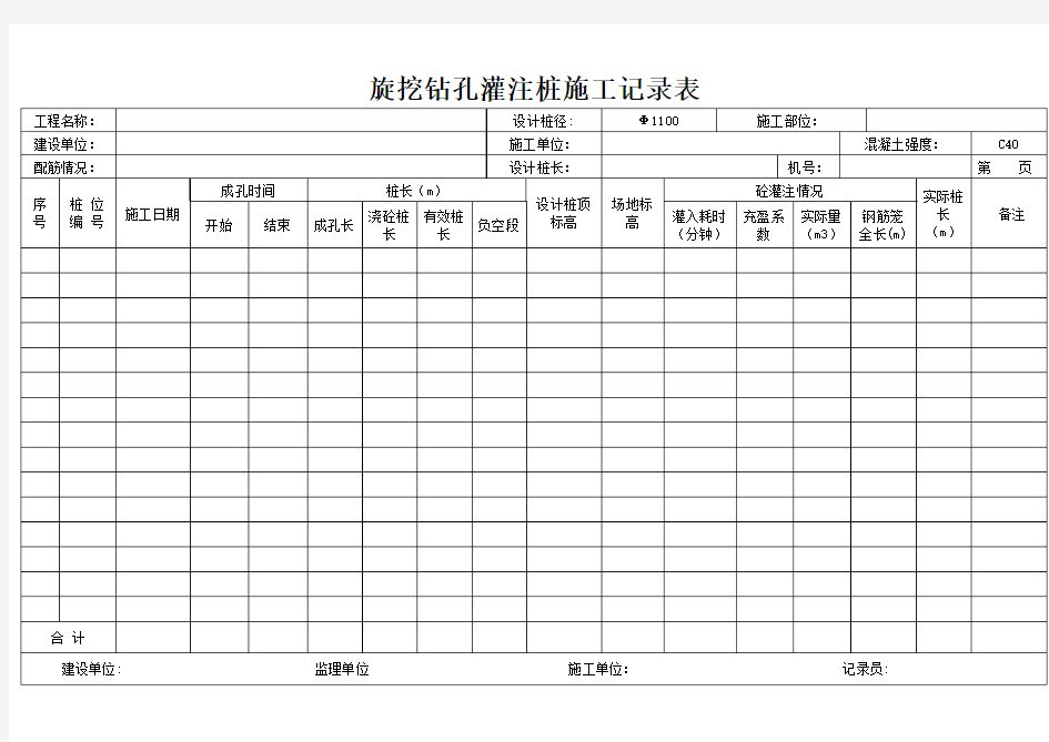 旋挖钻孔灌注桩施工记录表