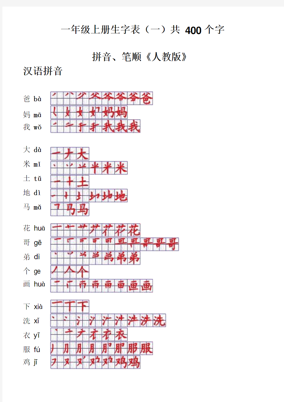 一年级上册生字表(一)拼音笔顺