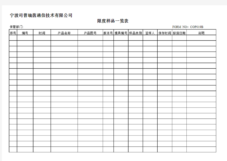 限度样品一览表