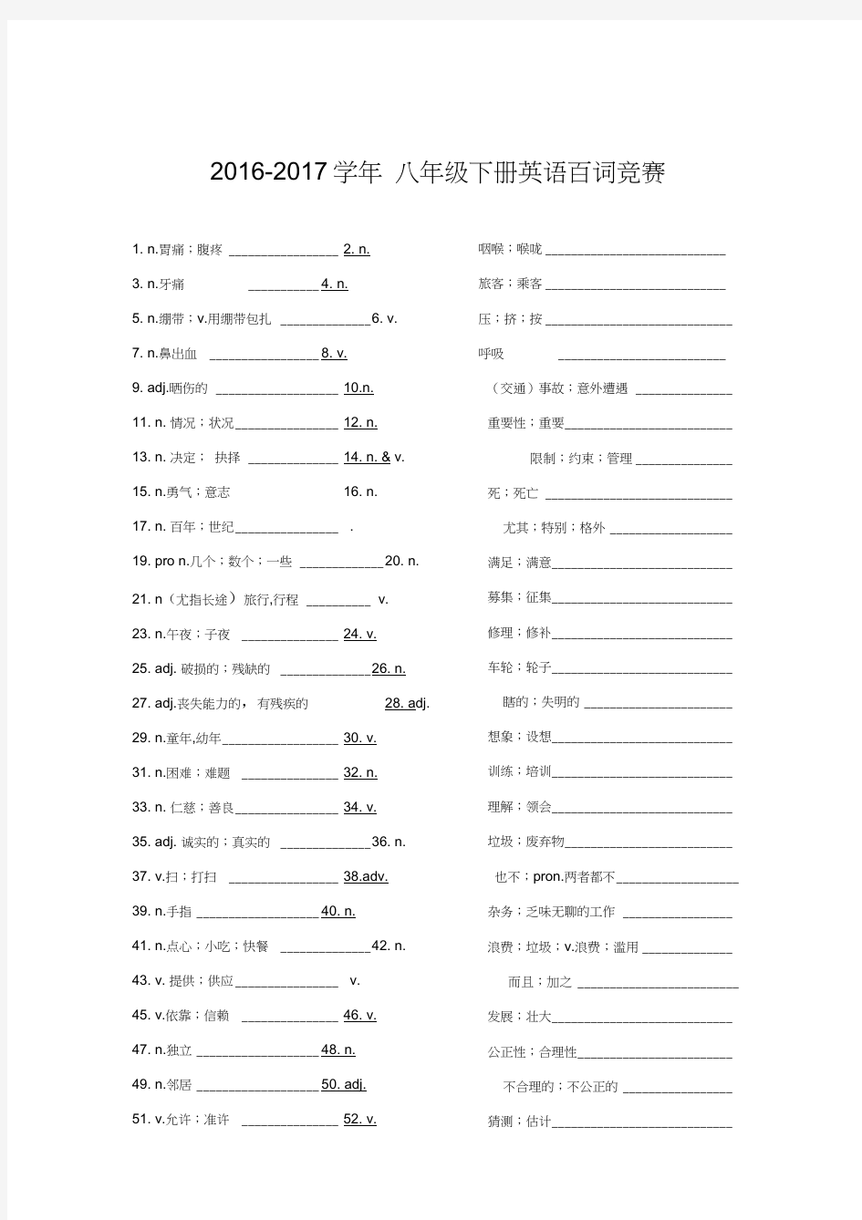 (完整版)八年级英语下册百词竞赛(人教版)