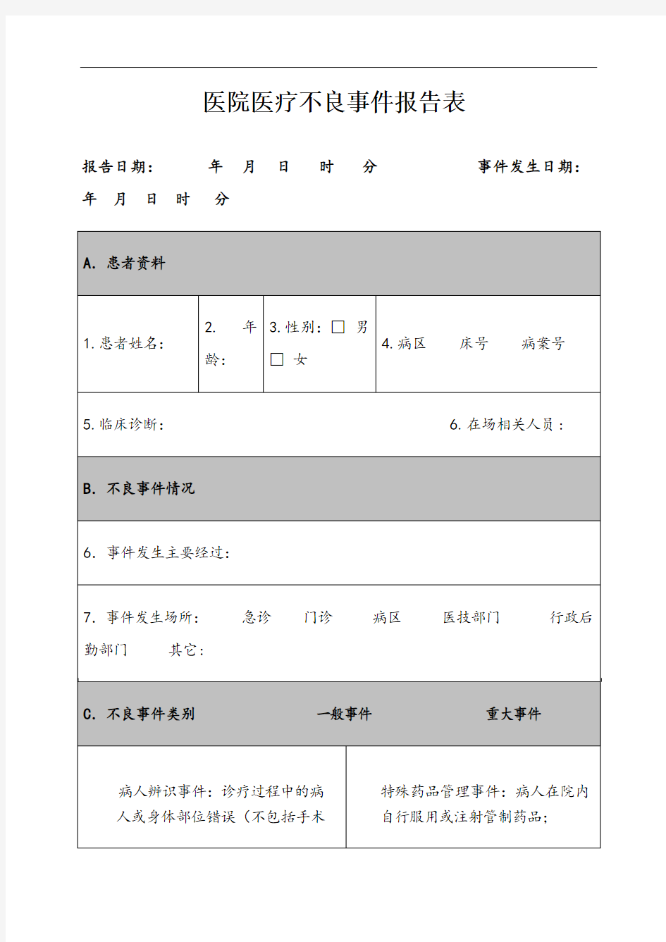 医院医疗不良事件报告表