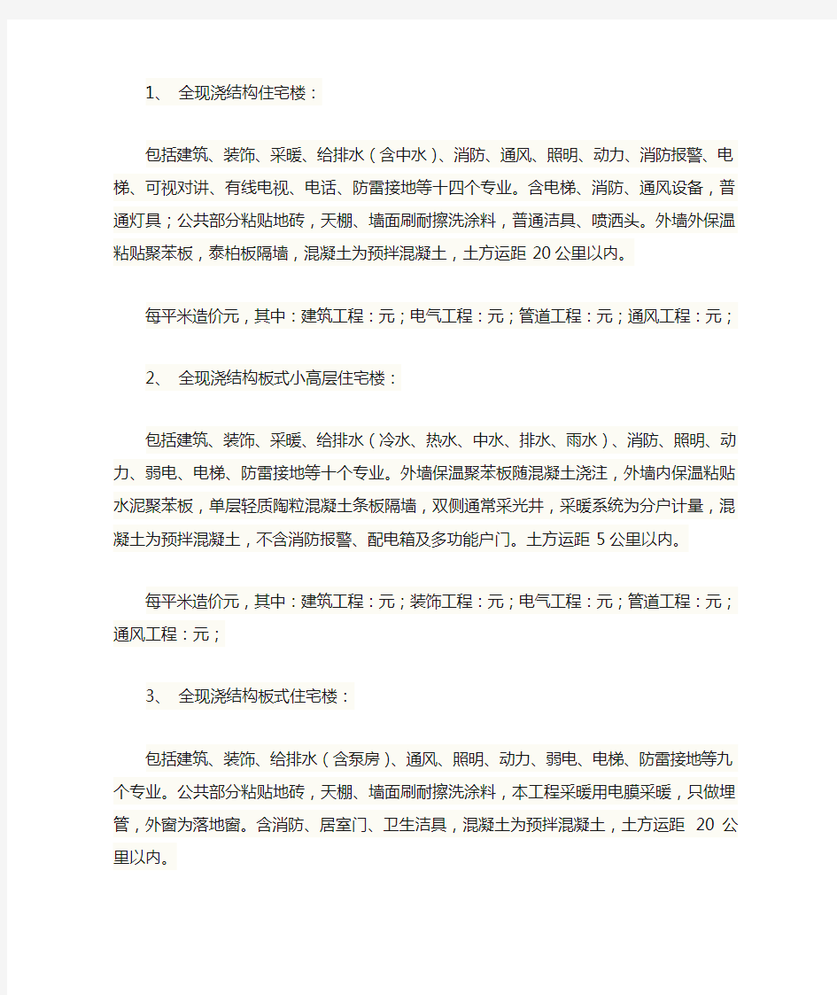 建筑单方造价指标汇总 供参考