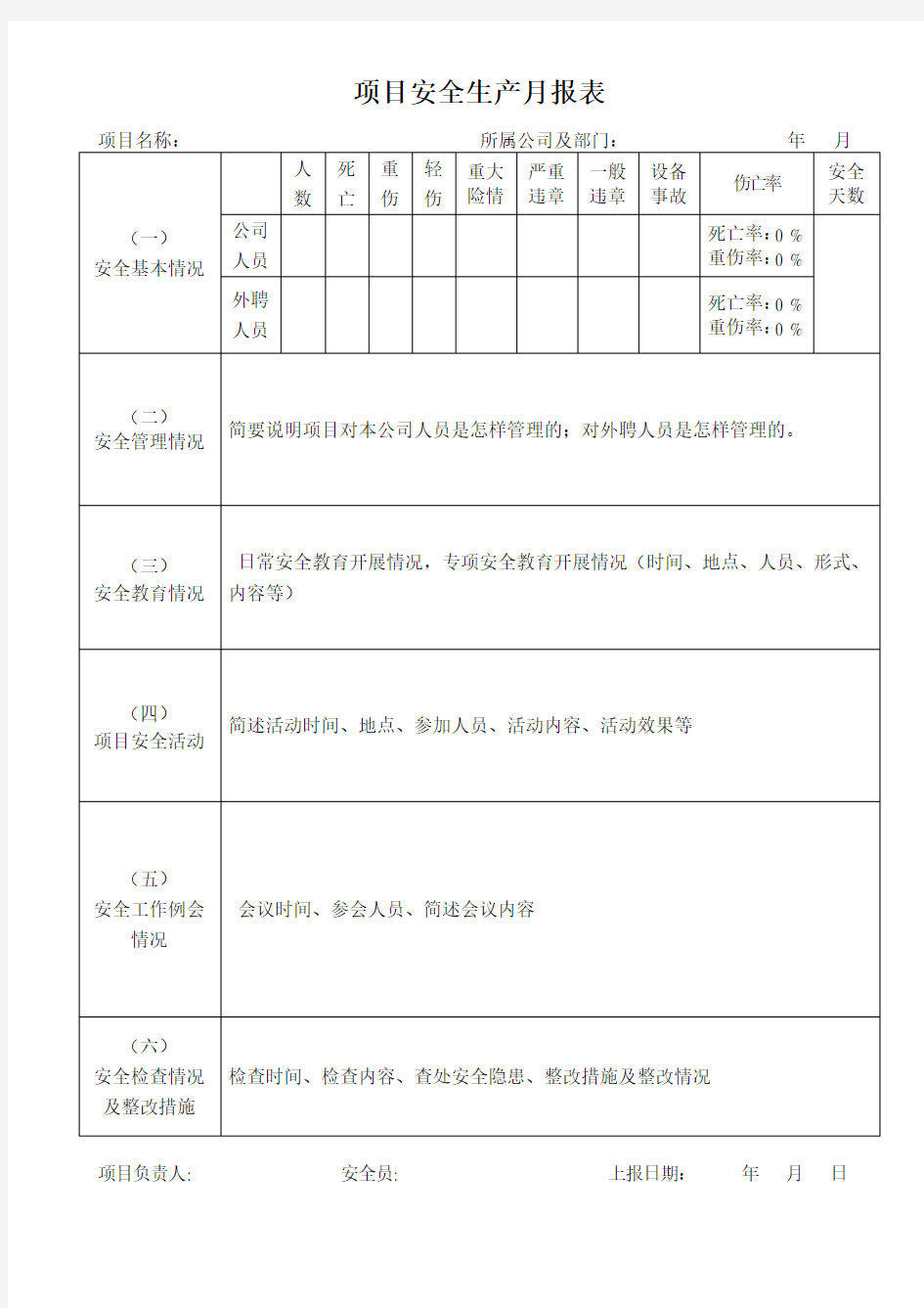 项目安全生产月报(模板)