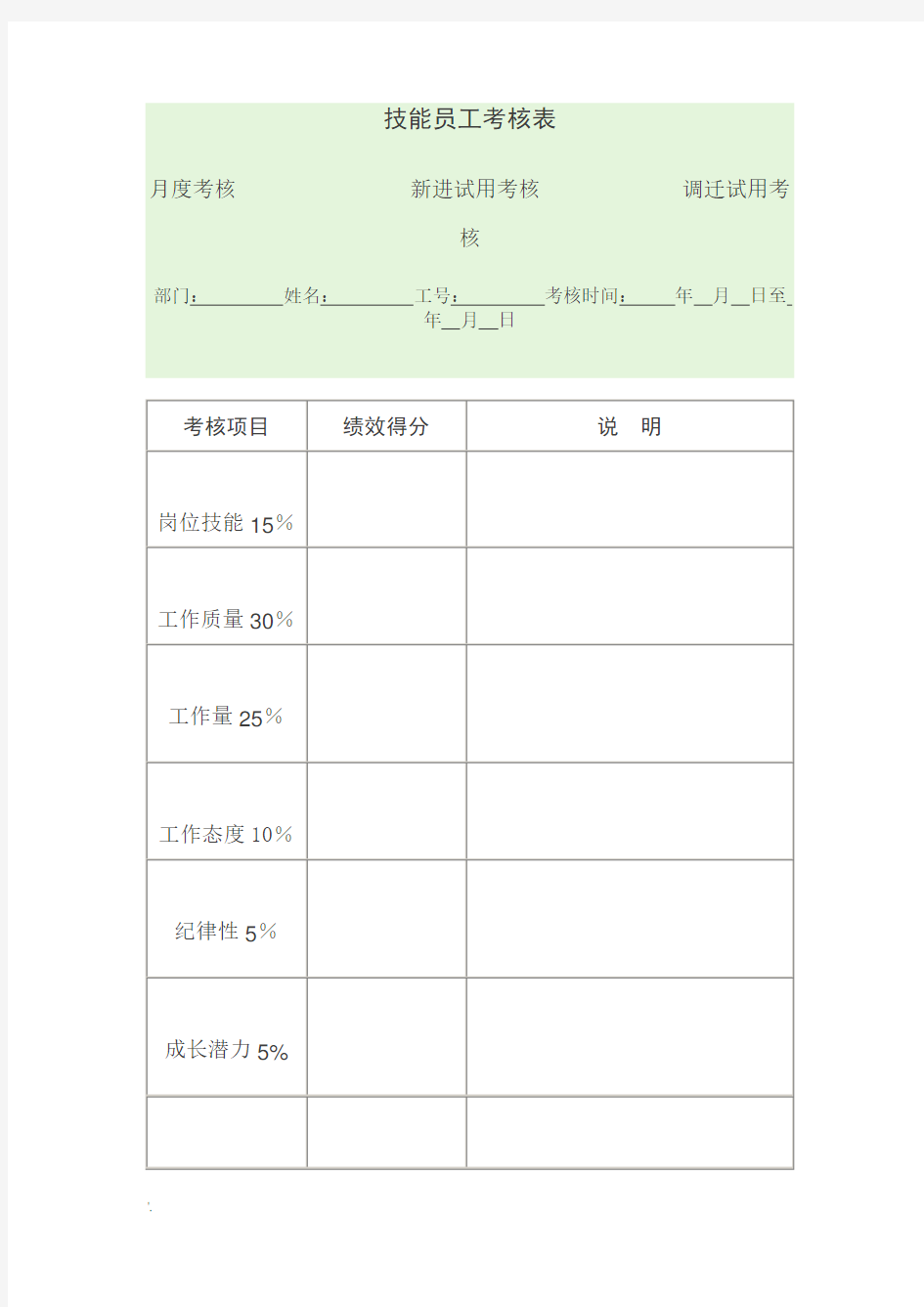 技能员工考核表