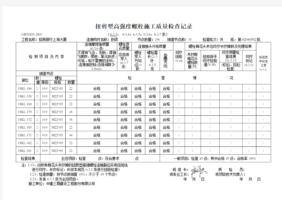 扭剪型高强度螺栓施工质量检查记录