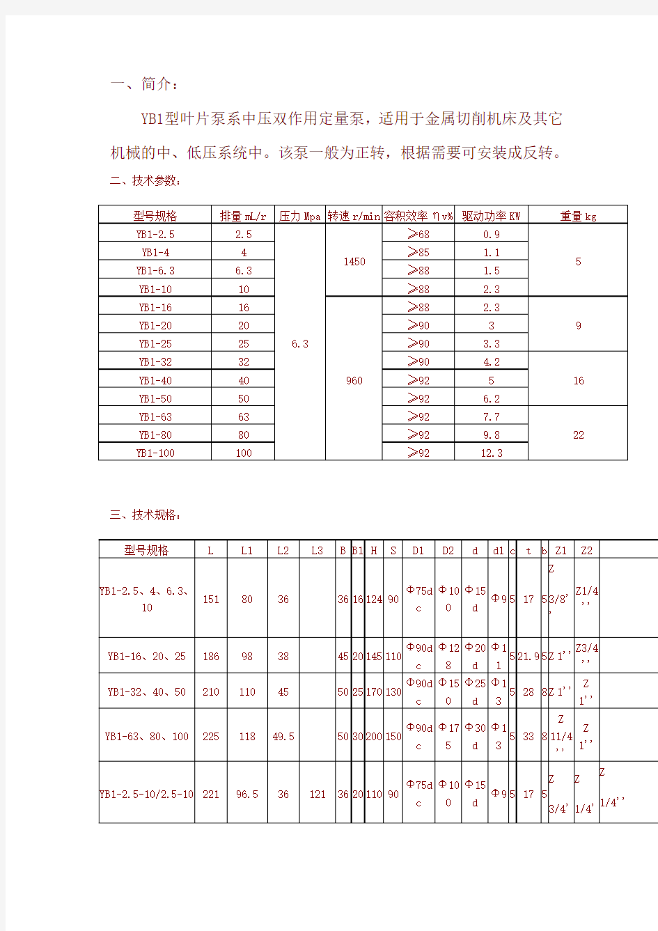 YB1叶片泵参数1