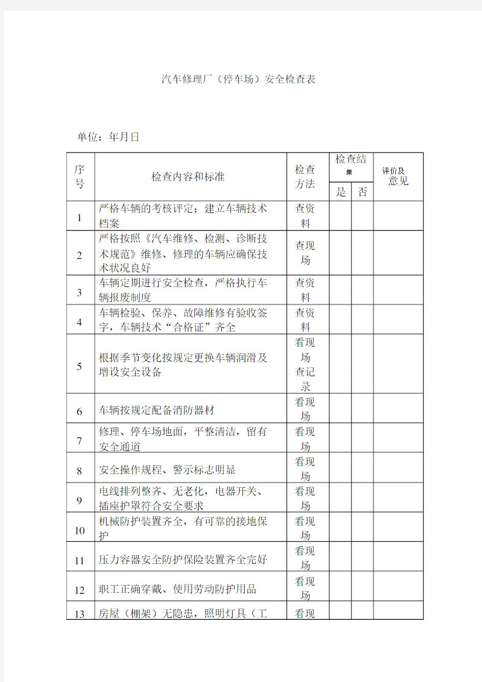 汽车修理厂(停车场)安全检查表.docx