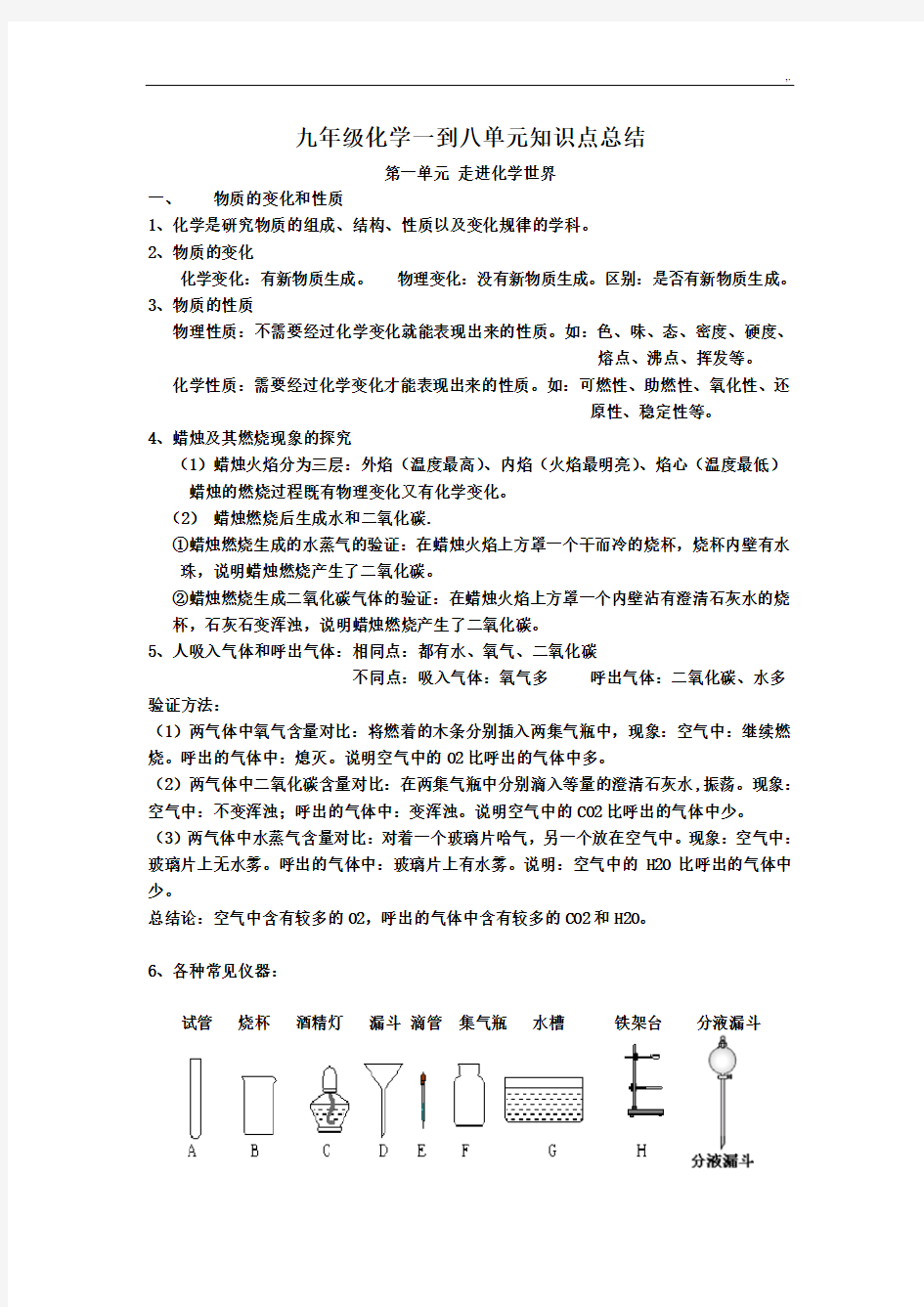 九年级化学上期中考试前考点分析情况总结