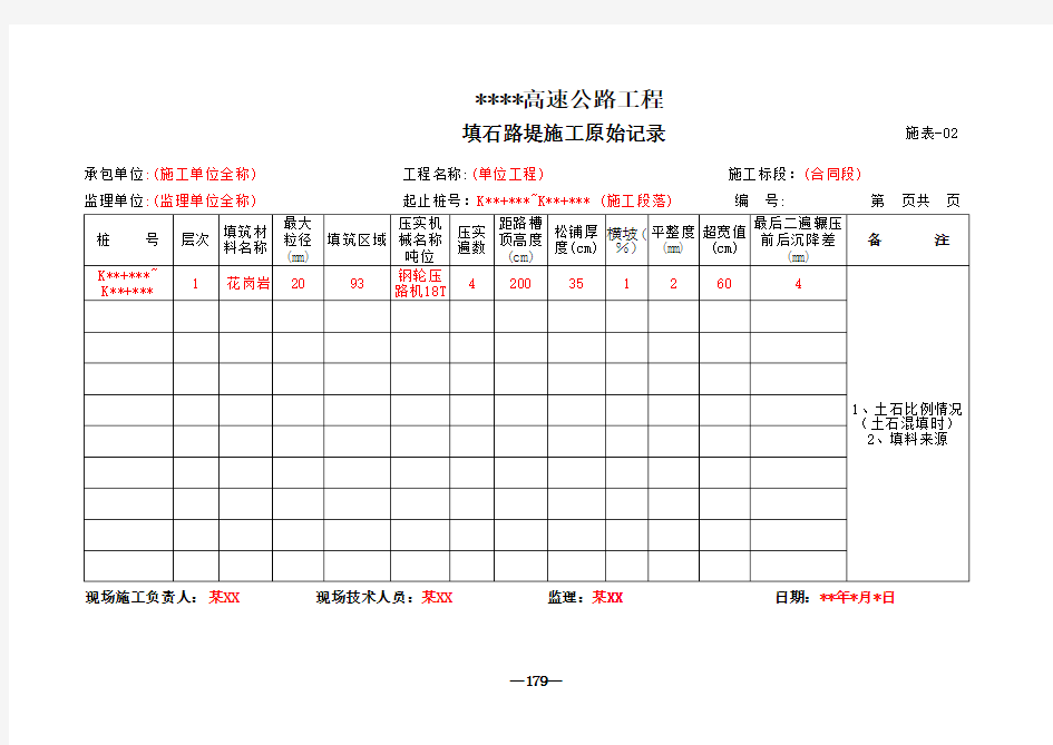 施表2 填石路堤施工原始记录表