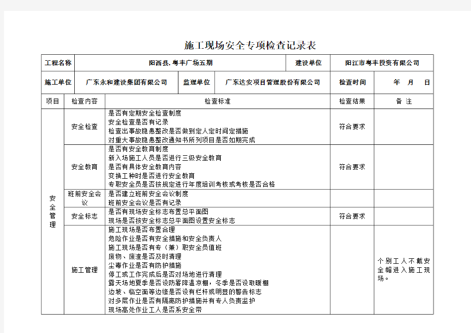 建设施工监理施工现场专项安全检查表