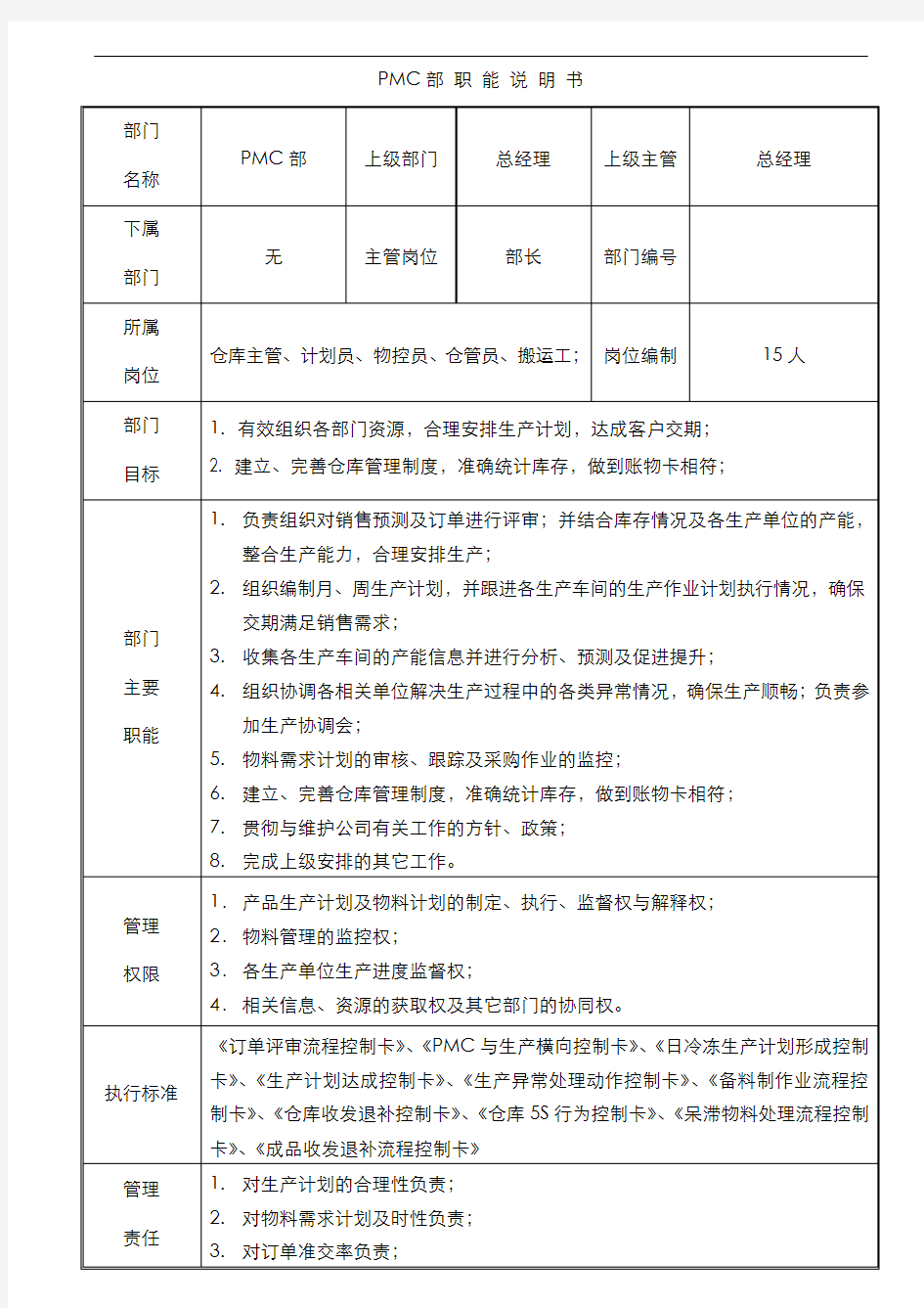 PMC部部门职责及岗位说明书