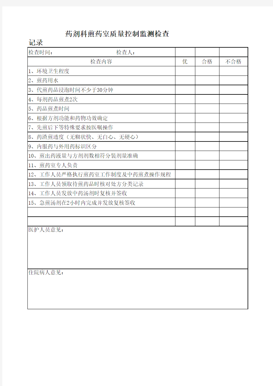 药剂科煎药室质量控制监测检查记录