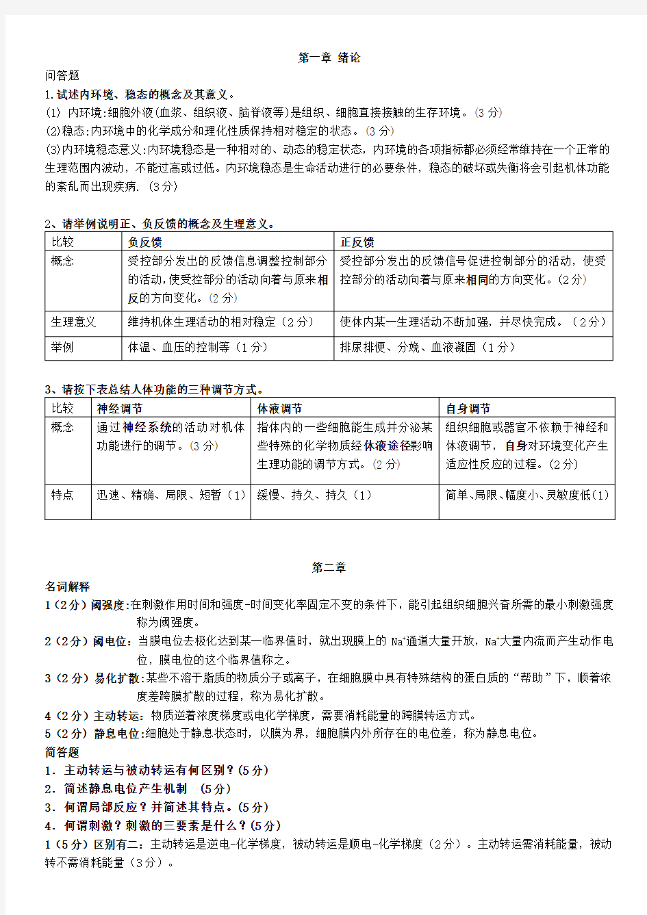 生理学大题及名词解释重点总结