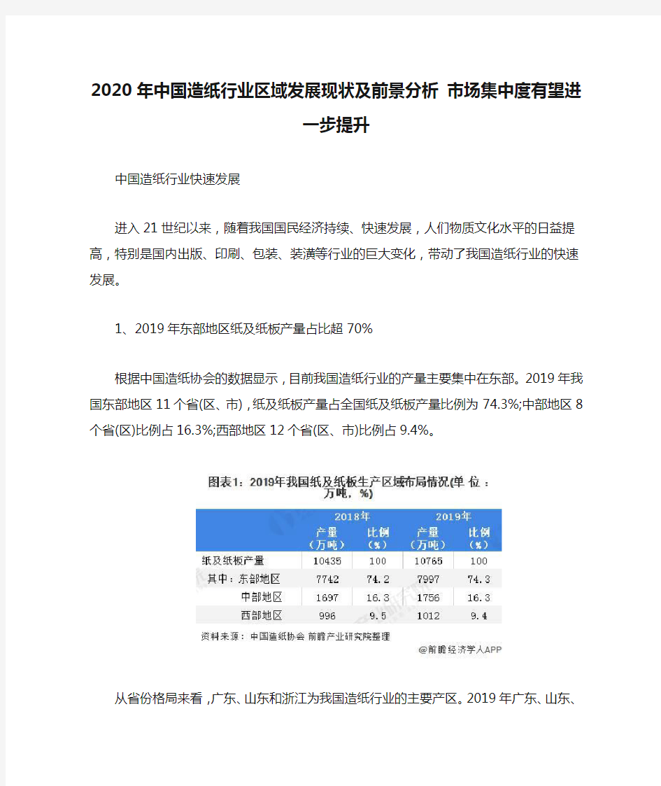 2020年中国造纸行业区域发展现状及前景分析 市场集中度有望进一步提升