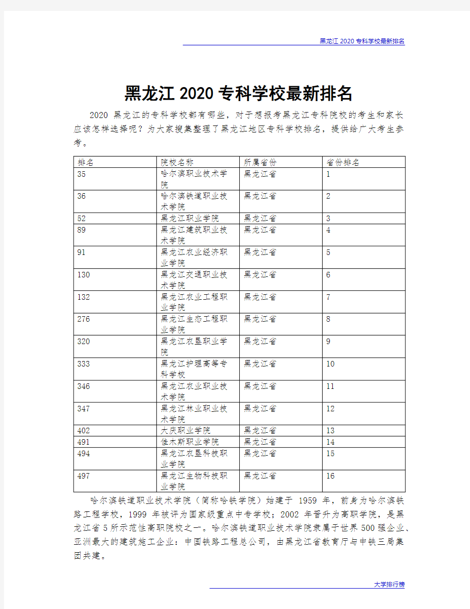 黑龙江2020专科学校最新排名