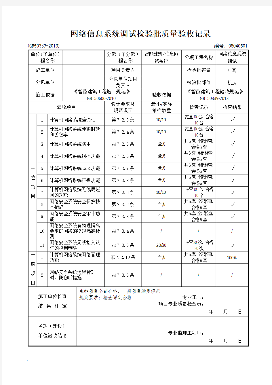 08040501-网络信息系统调试检验批质量验收记录