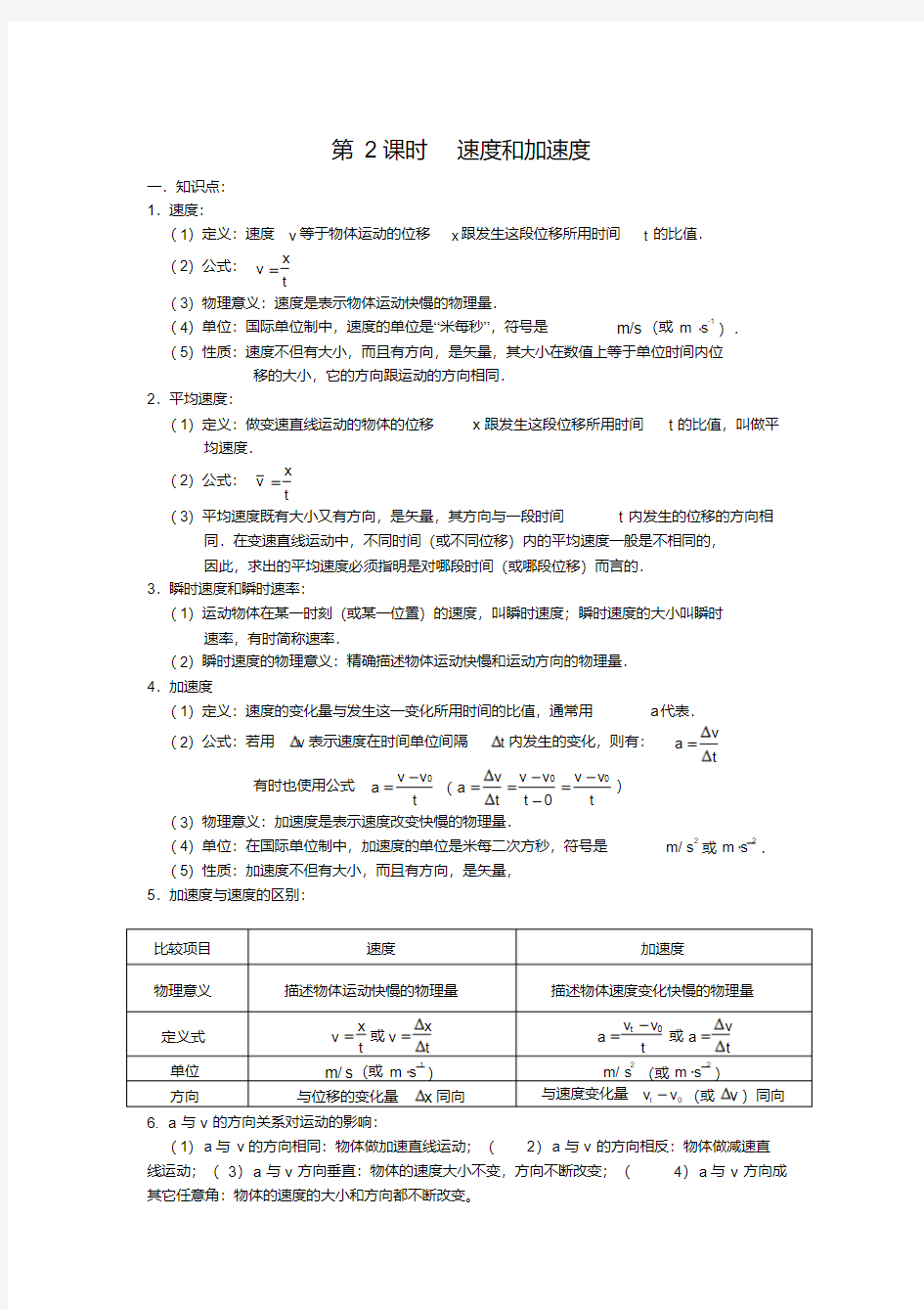 高中物理专题练习-速度与加速度知识点与练习