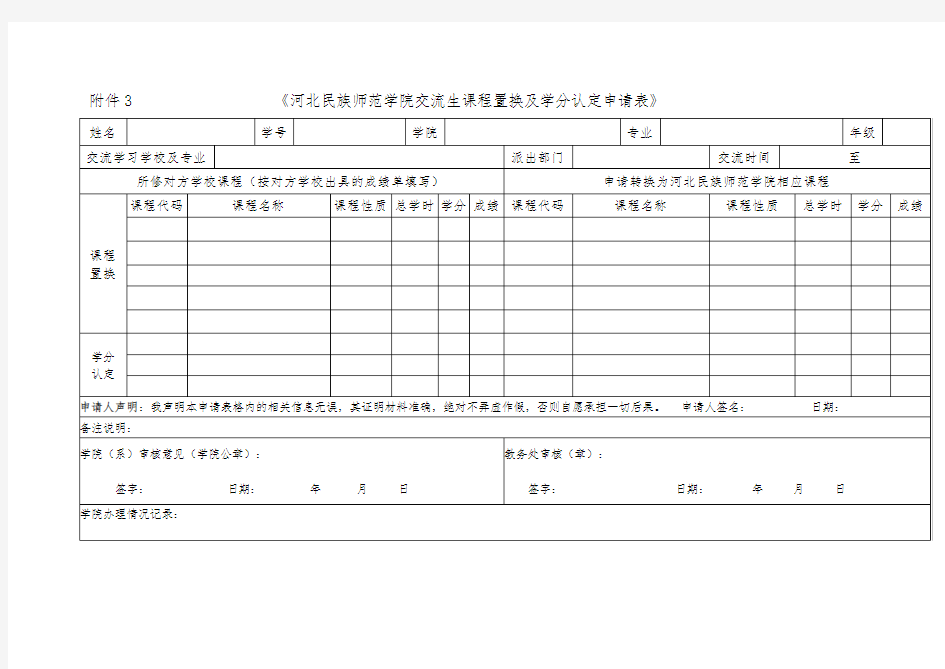 河北民族师范学院交流生课程置换及学分认定申请表