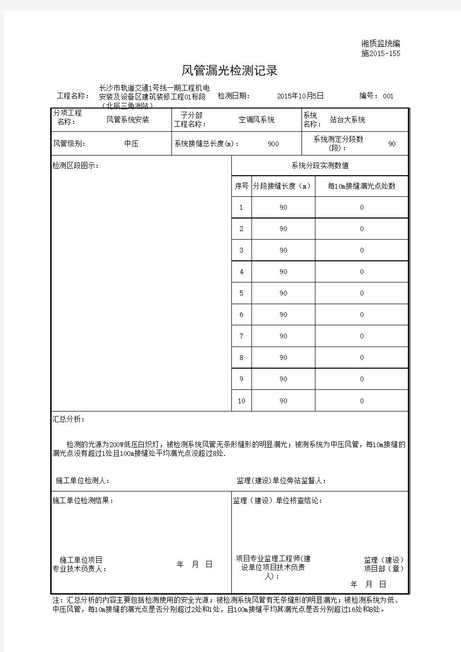 002-施2015-155风管漏光检测记录-北辰1空调风