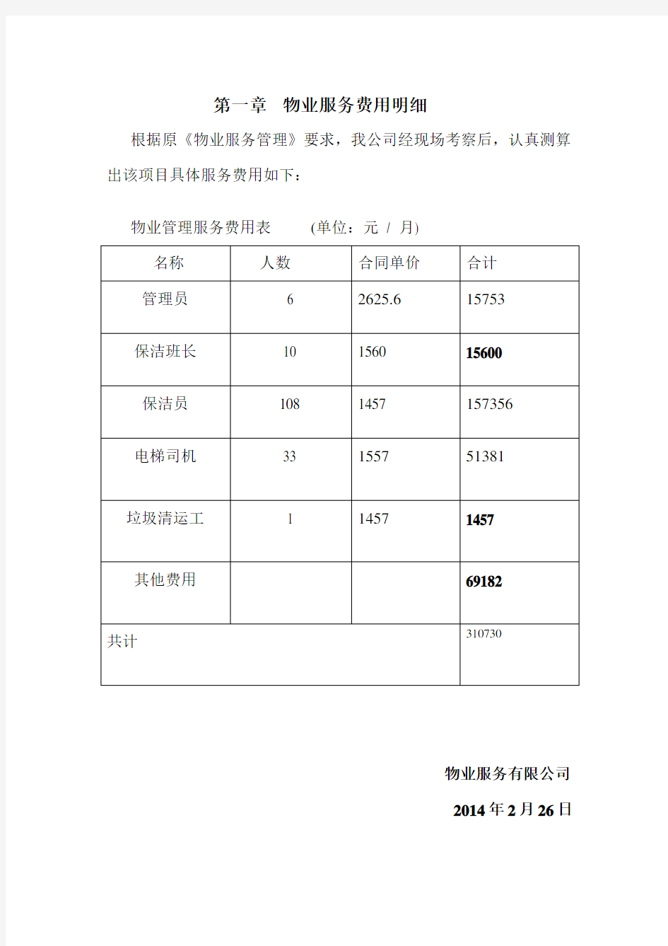 物业服务费报价表