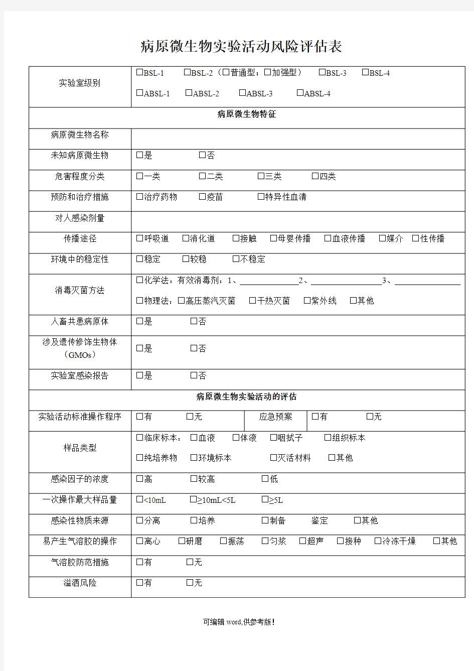 病原微生物实验活动风险评估表