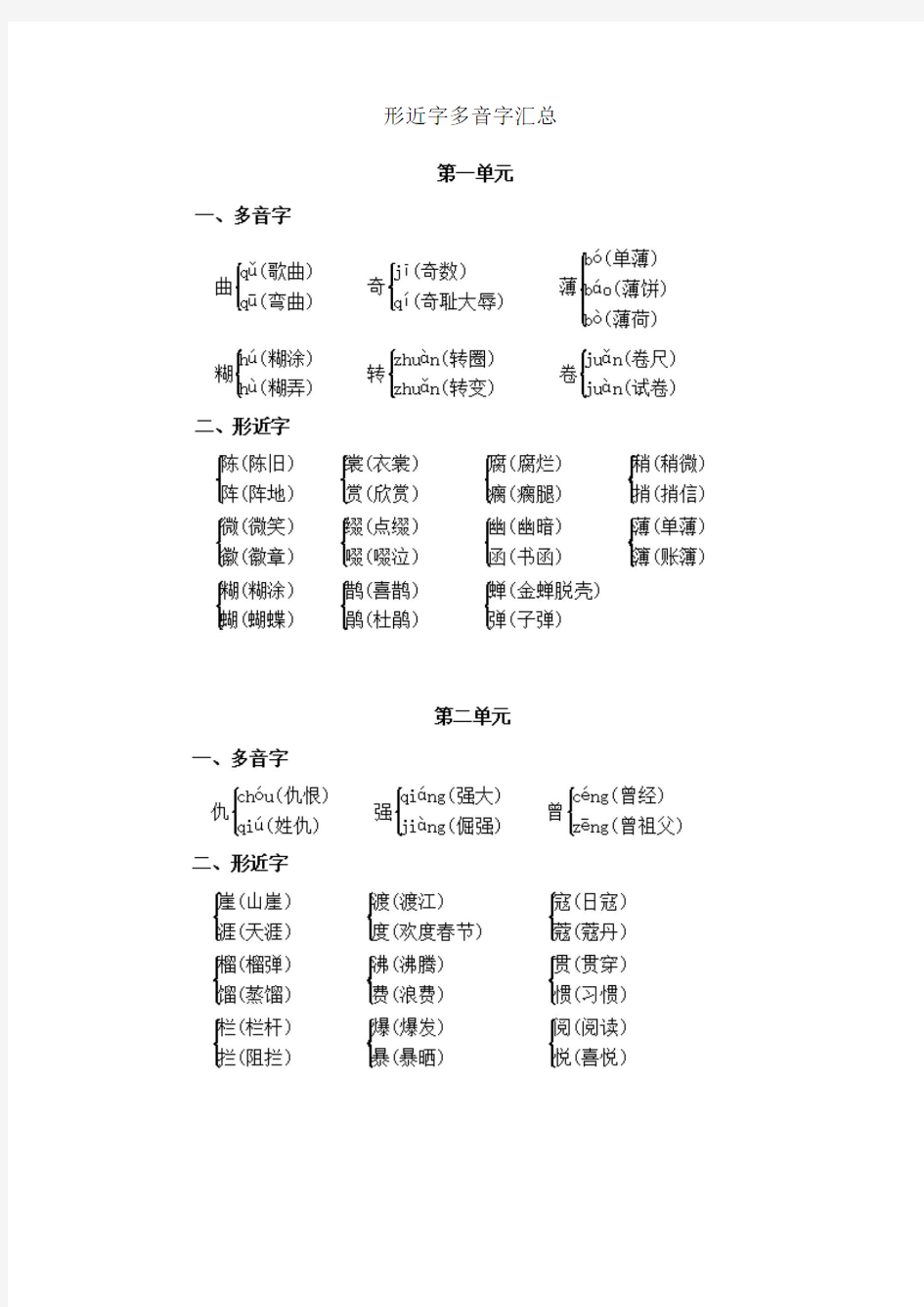 部编统编版  六年级语文上册形近字多音字汇总