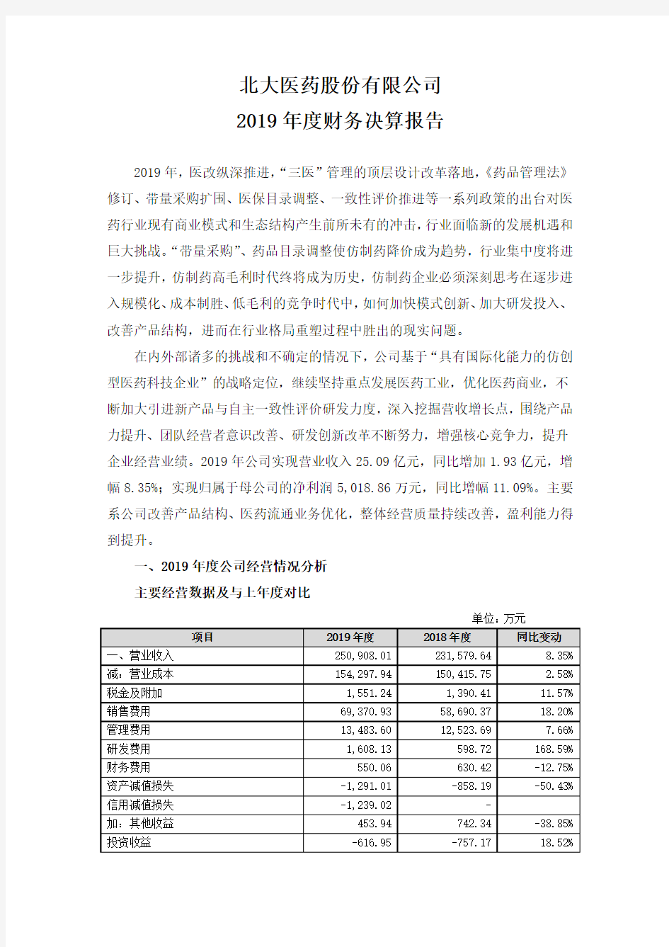 北大医药：2019年度财务决算报告