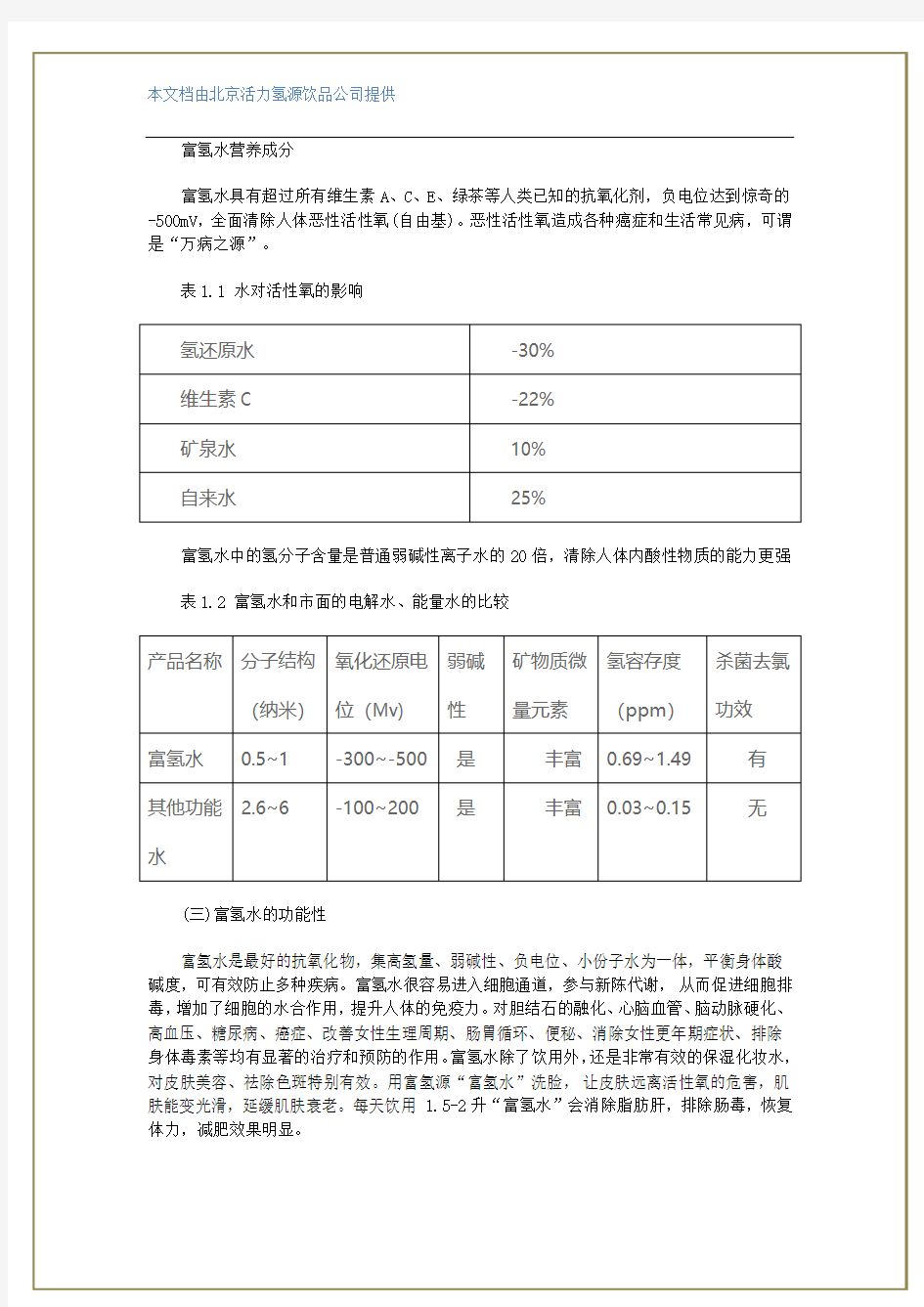 富氢源富氢水的功能性