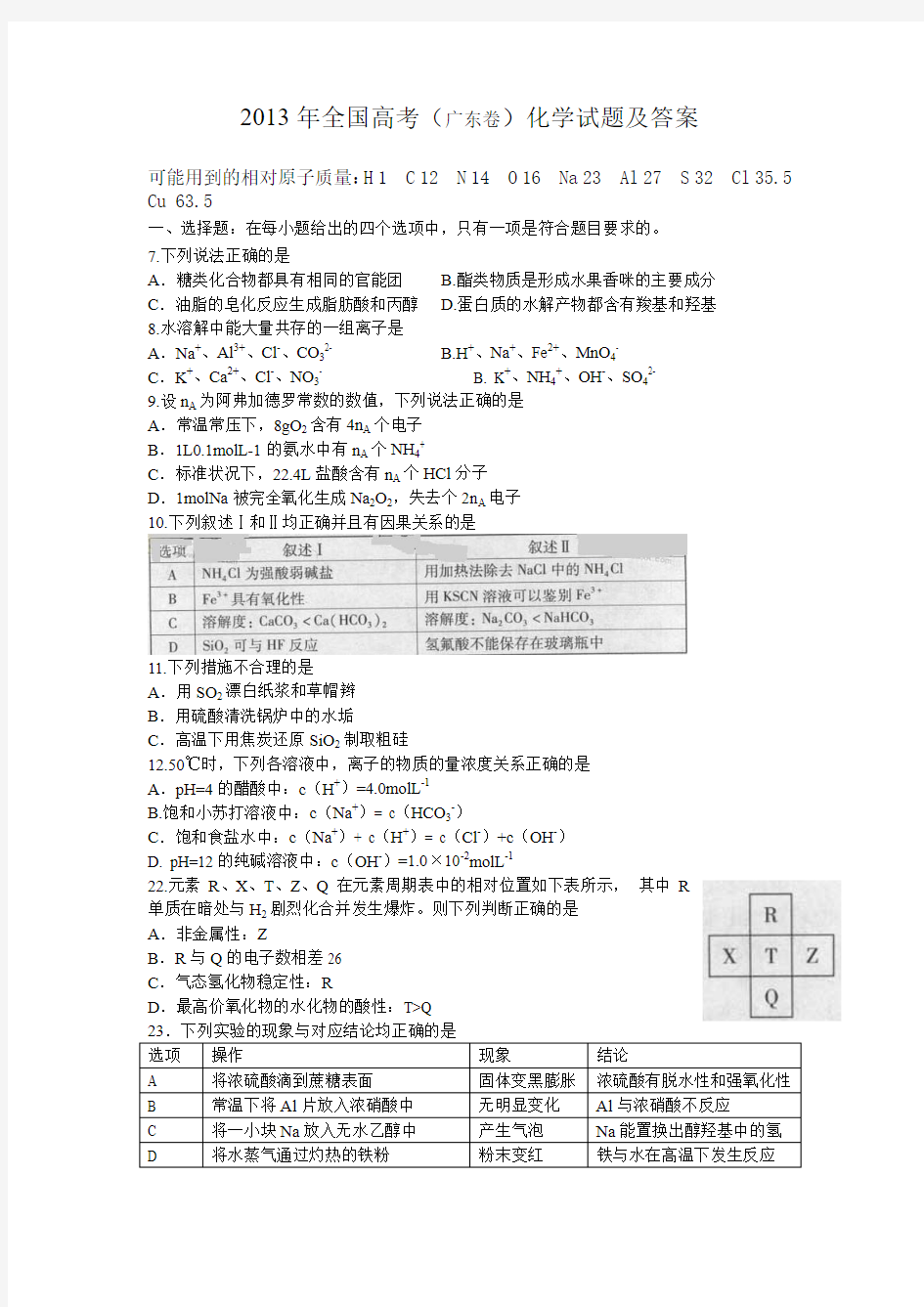 2013年全国高考(广东卷)